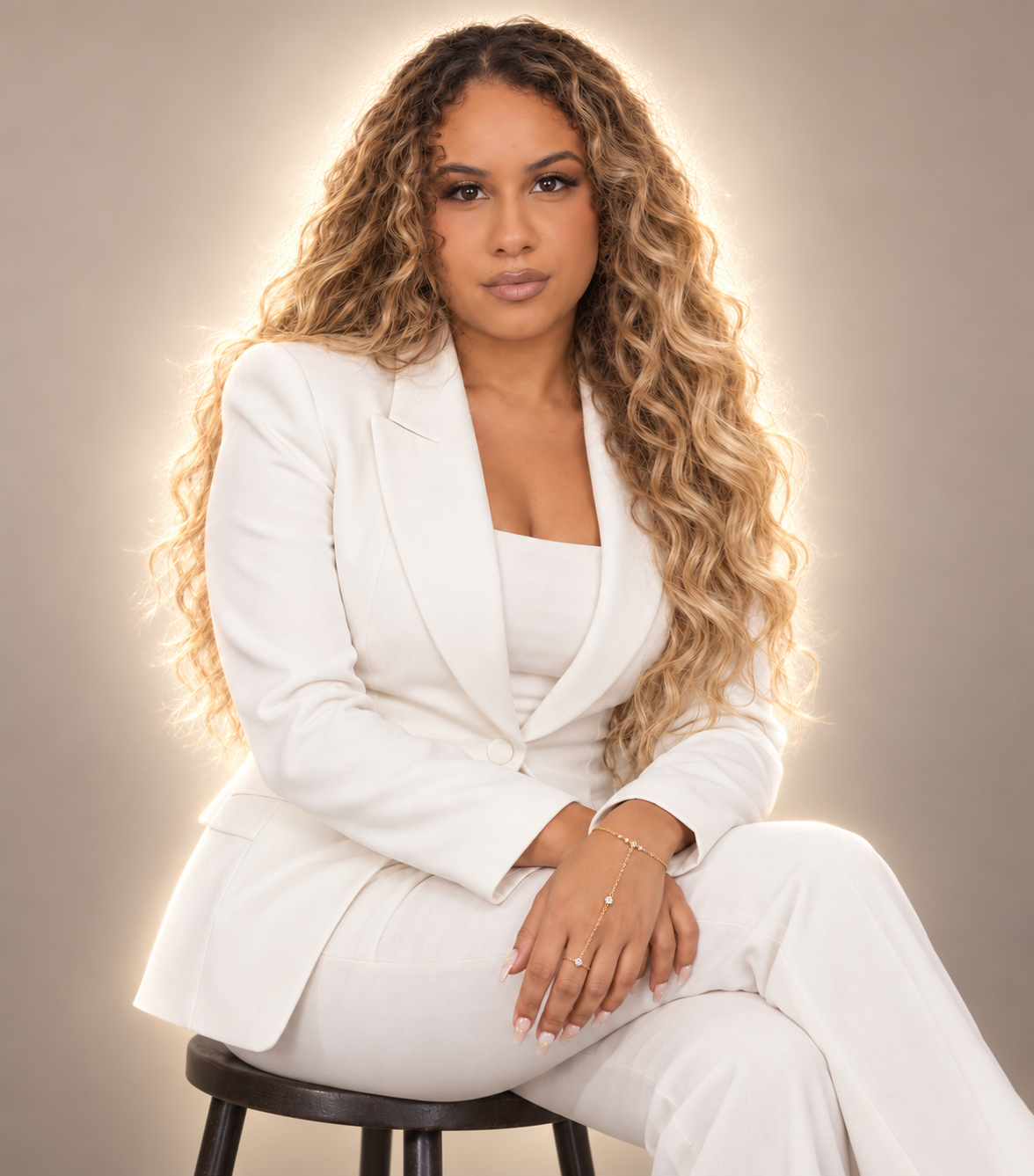 Jordan Johnson wearing an ivory suit